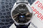 Perfect Replica Jaeger LeCoultre Moonphase Black Face Smooth Bezel Leather Strap 41mm Watch 